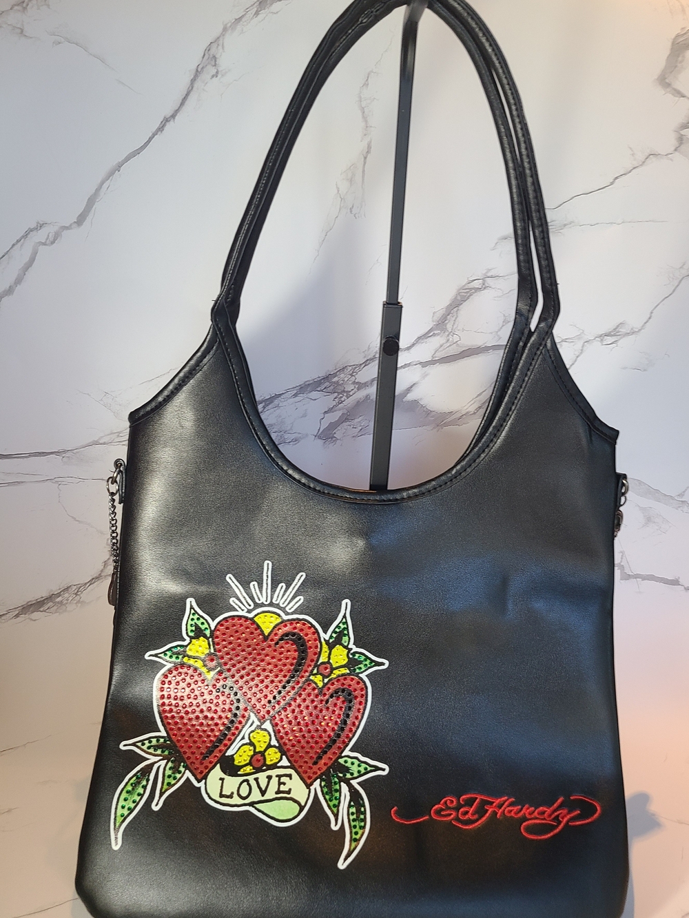 Ed Hardy Black Shoulder Bag with Red Heart Tattoo Graphic